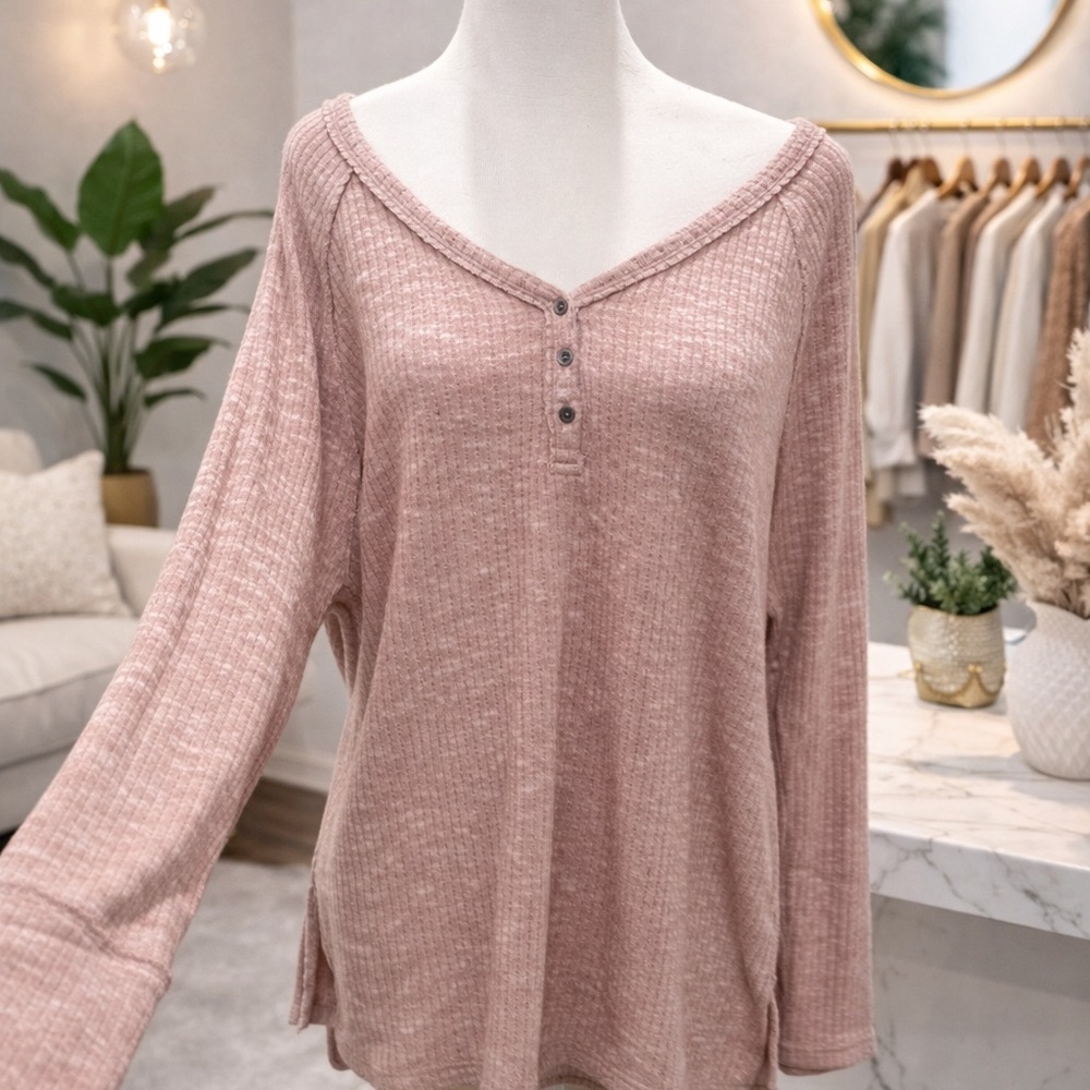 Lucky Brand Mauve Long Sleeve Waffle Knit Top L XL